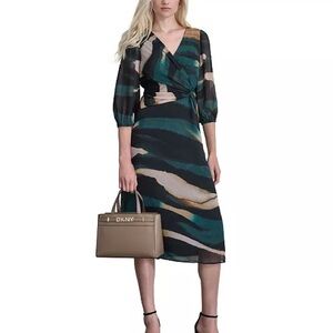 DKNY Elegant Green and Black Midi Dress